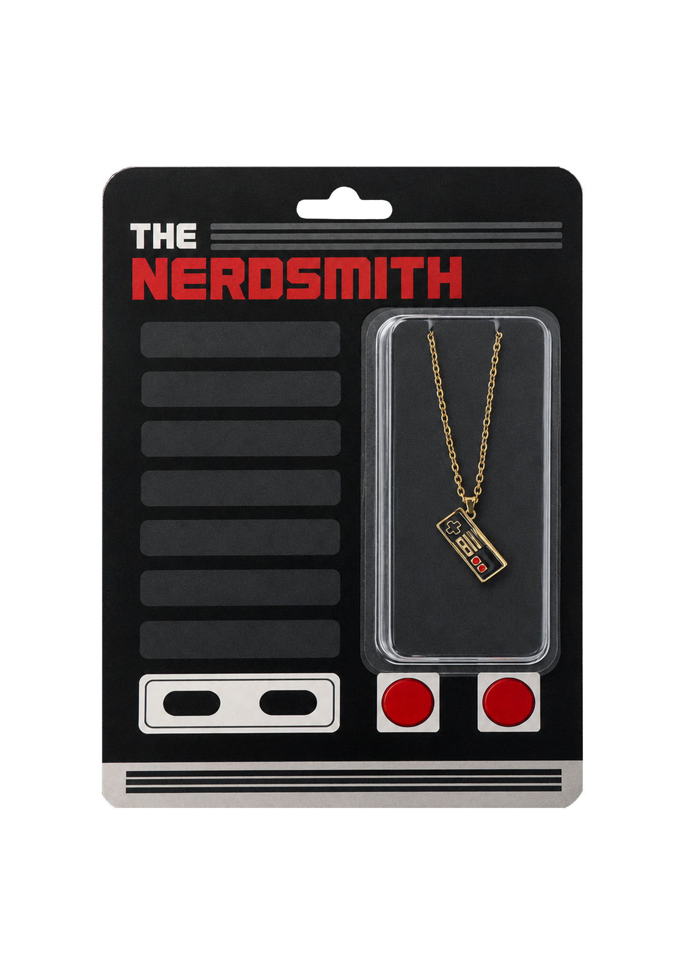 Gold-tone retro game controller pendant necklace in The Nerdsmith display packaging
