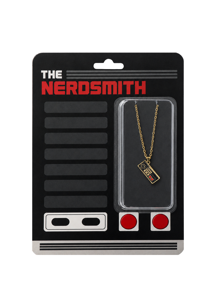 Gold-tone retro game controller pendant necklace in The Nerdsmith display packaging