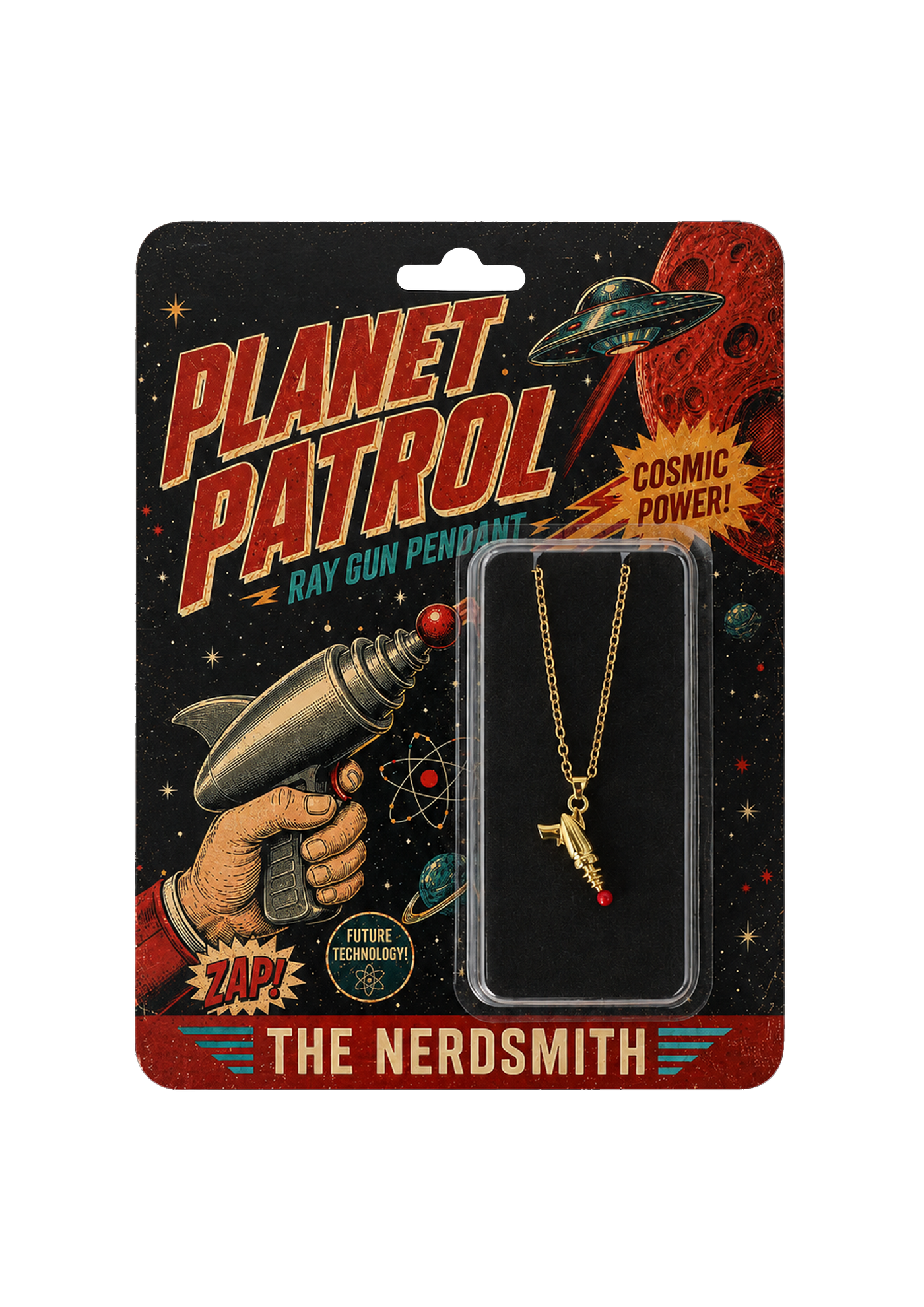 18ct yellow-gold-plated retro ray gun pendant necklace in The Nerdsmith display packaging