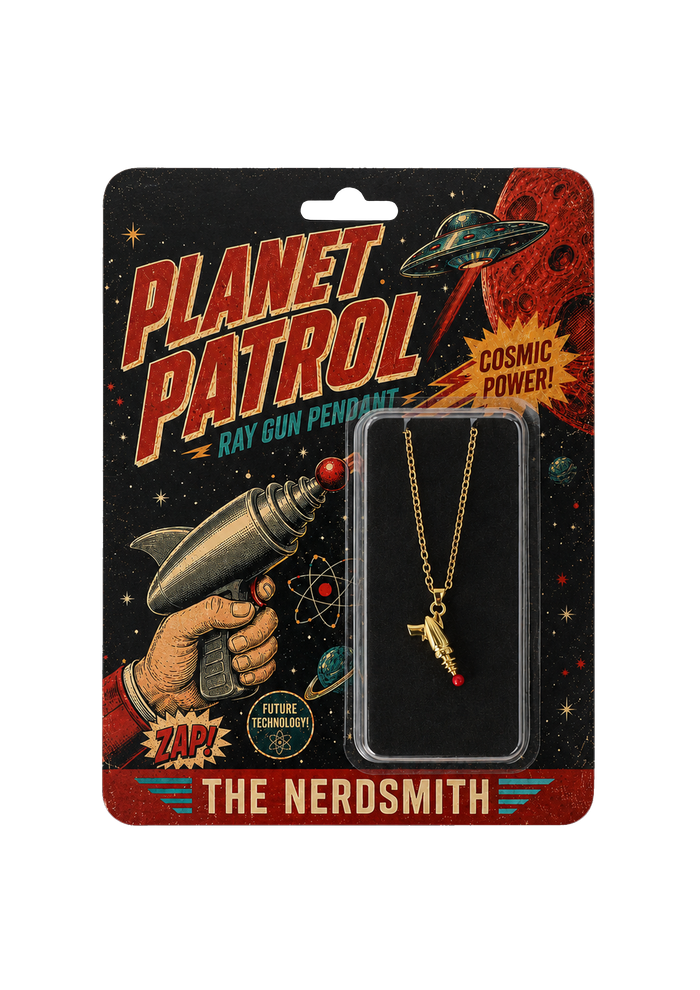 18ct yellow-gold-plated retro ray gun pendant necklace in The Nerdsmith display packaging