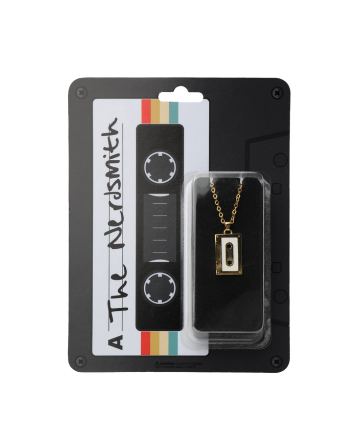 18ct yellow-gold-plated cassette tape pendant necklace in The Nerdsmith display packaging