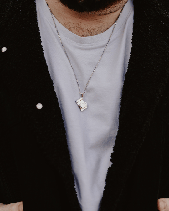 Model wearing 35mm Camera Pendant