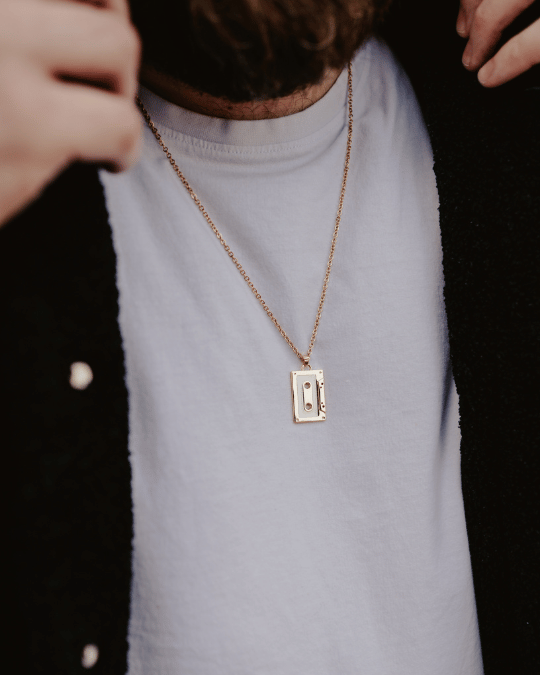 Model wearing Cassette Tape Pendant